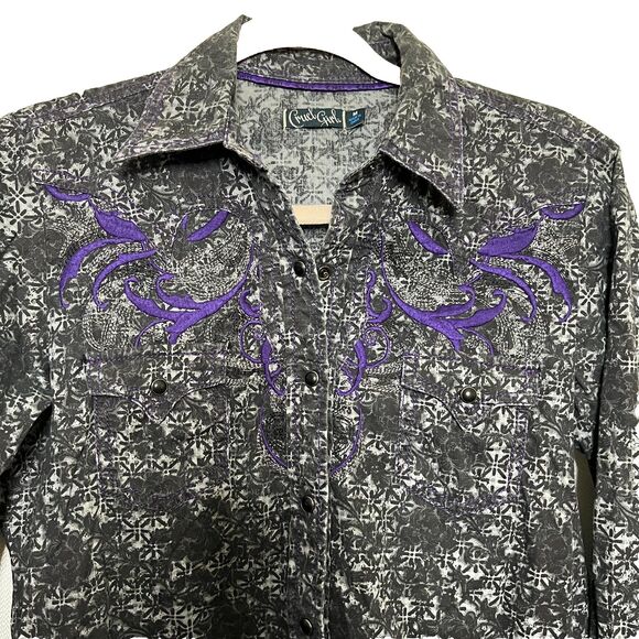 Cruel Girl Western Pearl Snap Shirt Women M Embroidered Black Purple Rodeo Y2K - Picture 12 of 16